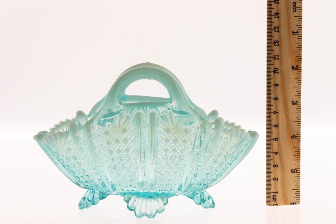 Antique Davidson Opalescent Victorian “Richelieu” Blue Pearline Pressed Glass Folded Basket photo Home Decor
