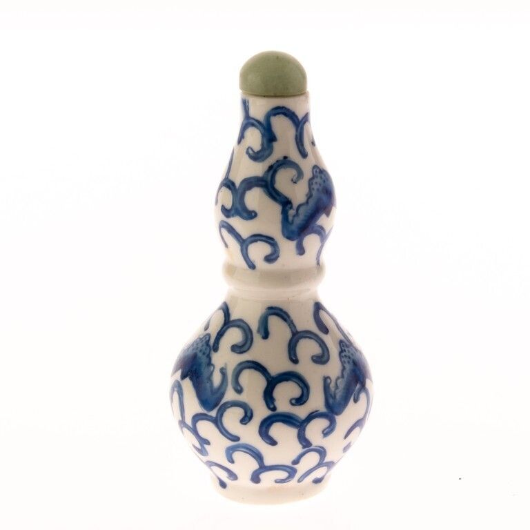 Mid Century Chinese Hand Painted Blue & White Bats Porcelain Snuff Bottle With Jade Top photo furniture