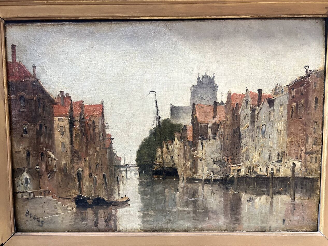Oil On Canvas "View Of The City On The Canal" By Franck Boggs 19th Century photo furniture