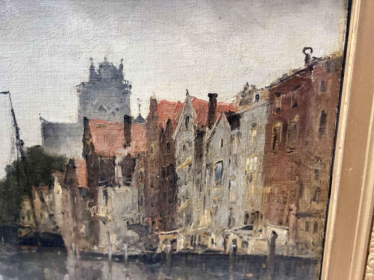 Oil On Canvas "View Of The City On The Canal" By Franck Boggs 19th Century photo for sale