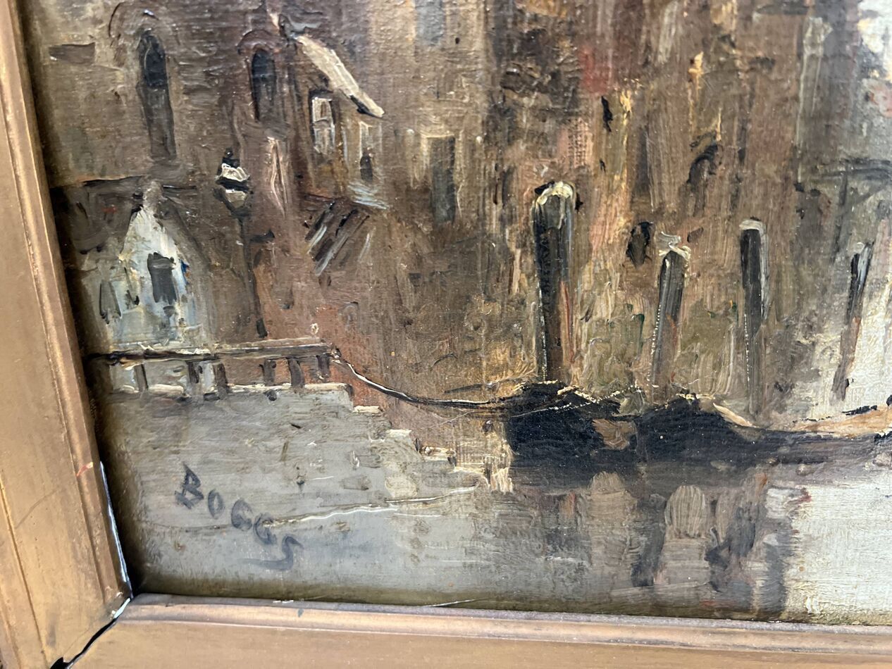 photo vintage Oil On Canvas "View Of The City On The Canal" By Franck Boggs 19th Century
