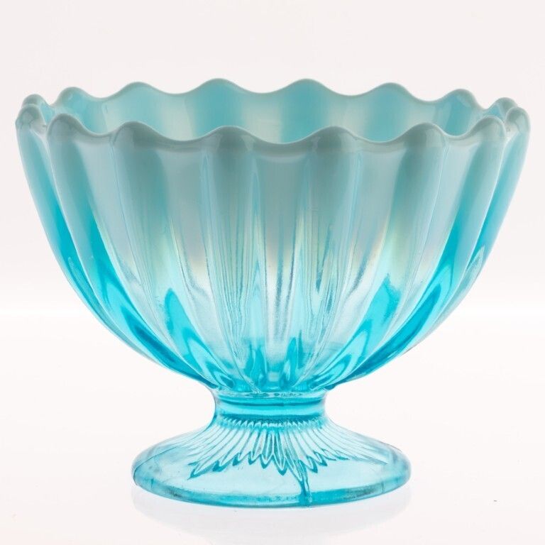 Antique Davidson Opalescent Victorian “Brideshead” Blue Pearline Pressed Glass Pedestal Bowl