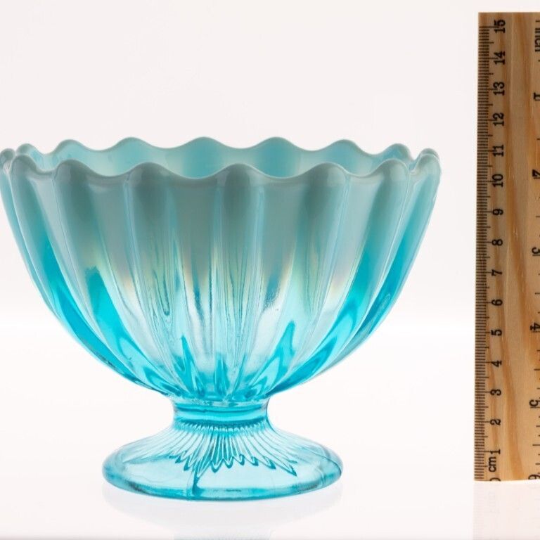 Antique Davidson Opalescent Victorian “Brideshead” Blue Pearline Pressed Glass Pedestal Bowl photo for sale