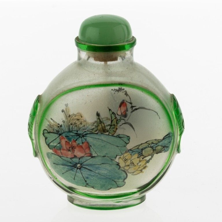 Mid Century Chinese Inside Painted Green Glass Landscape & Water Lilies Snuff Bottle photo furniture