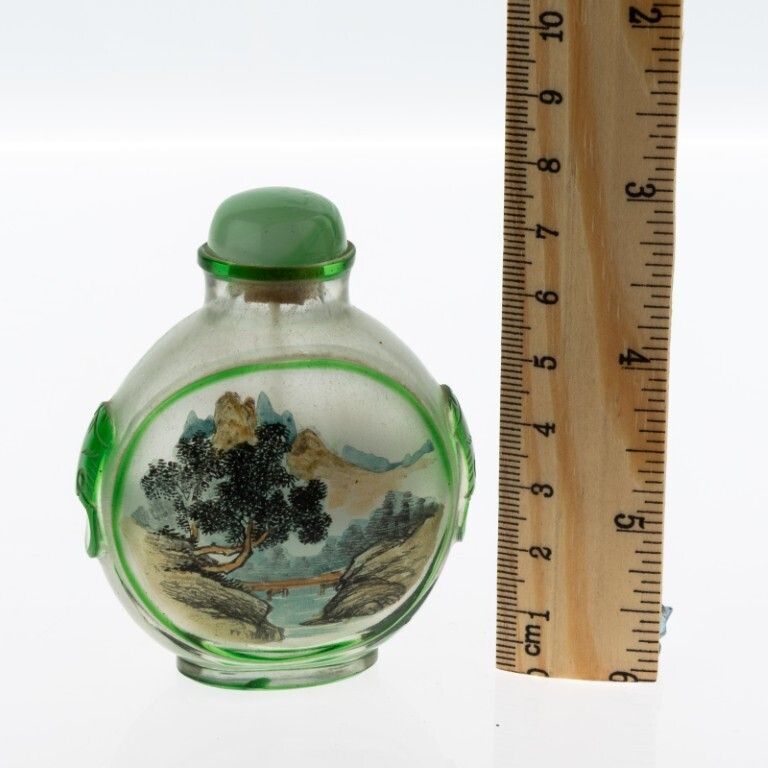 Mid Century Chinese Inside Painted Green Glass Landscape & Water Lilies Snuff Bottle photo for sale