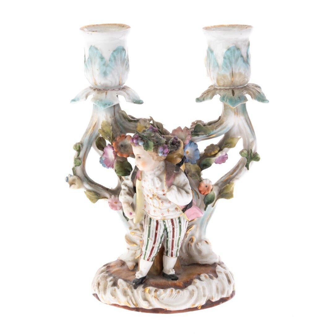 Antique Hand Painted German Dresden Fine Porcelain Figural Candelabra 19th Century