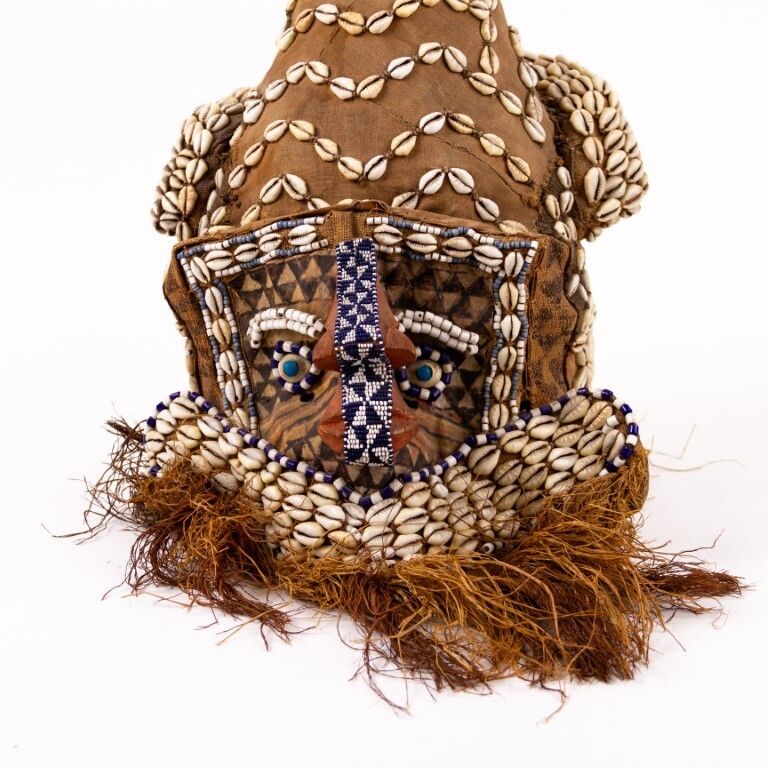 Mid 20th Century African Kuba Helmet Ceremonial Ritual Mask With Shells, Animal Fibres & Raffia photo furniture