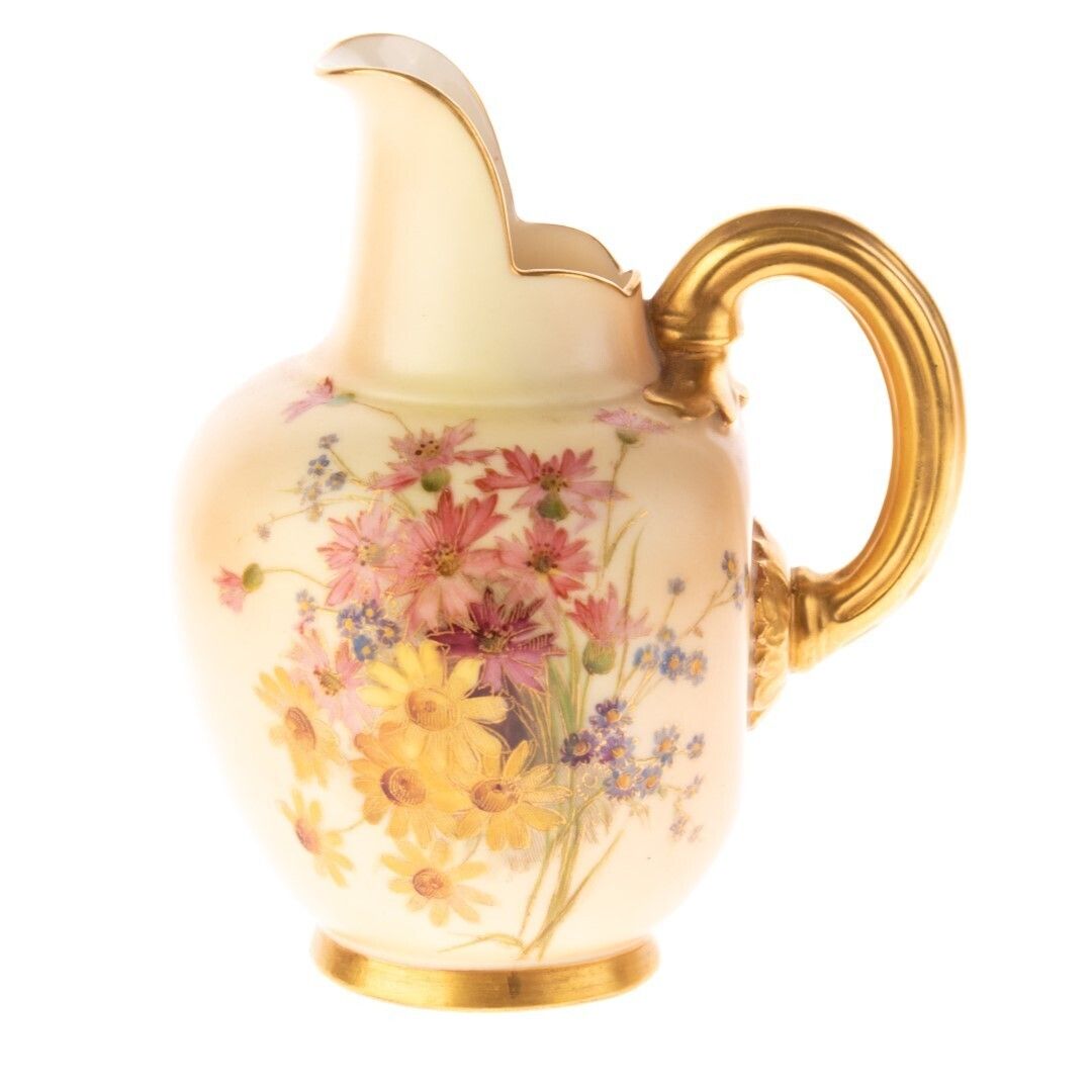 Antique Royal Worcester Hand Painted Blush Porcelain Art Nouveau Floral Flat Back Ewer Jug