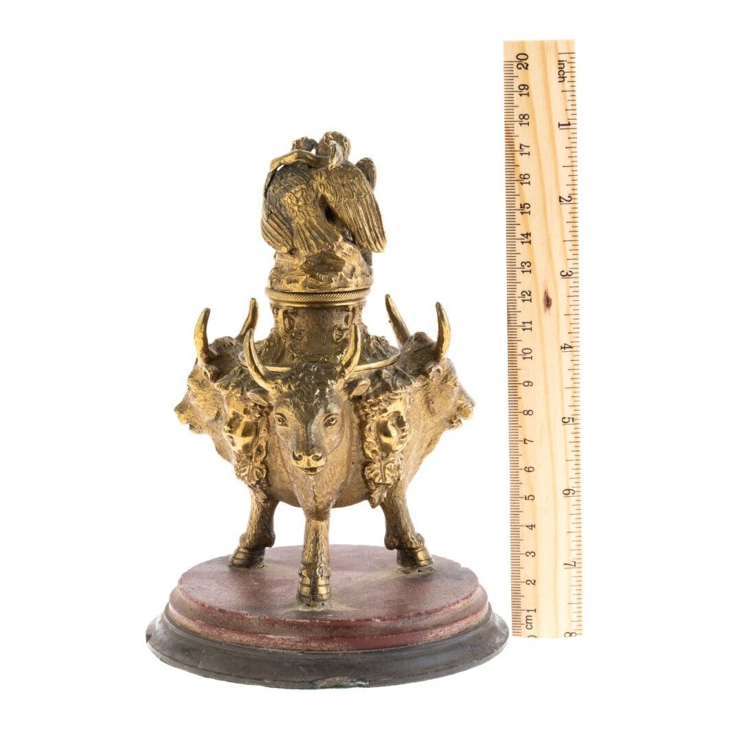 Antique Grand Tour Bovine & Bacchus Italian Gilt Bronze Inkwell 19th Century photo for sale