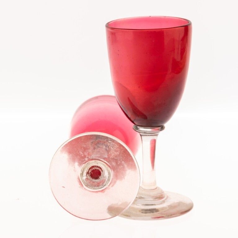 Antique Pair Of Victorian English Cranberry Wine Glasses 19th Century photo furniture