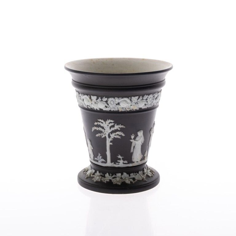 Antique Wedgwood Black Basalt Jasperware Ceramic Porcelain Bas Relief Neoclassical Planter Vase 19th Century photo for sale