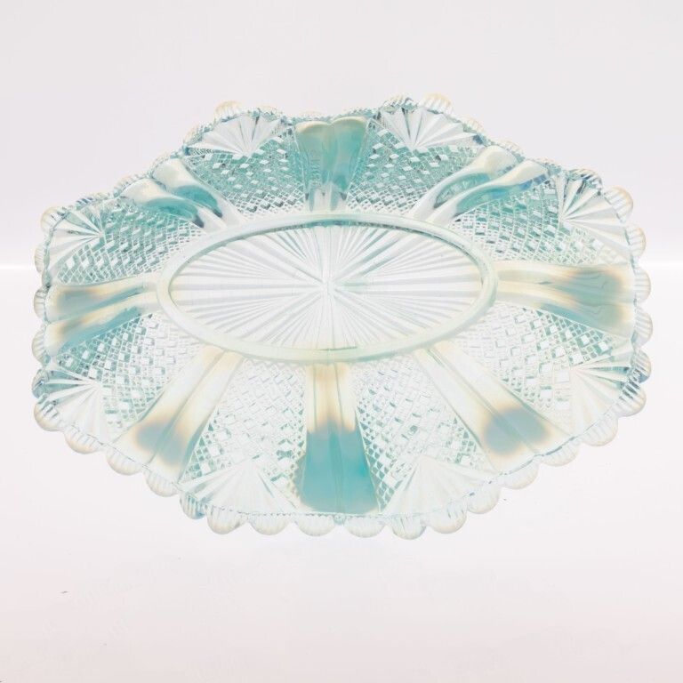 Antique Davidson Opalescent Victorian Richelieu  Blue Pearline Pressed Glass Basket photo for sale