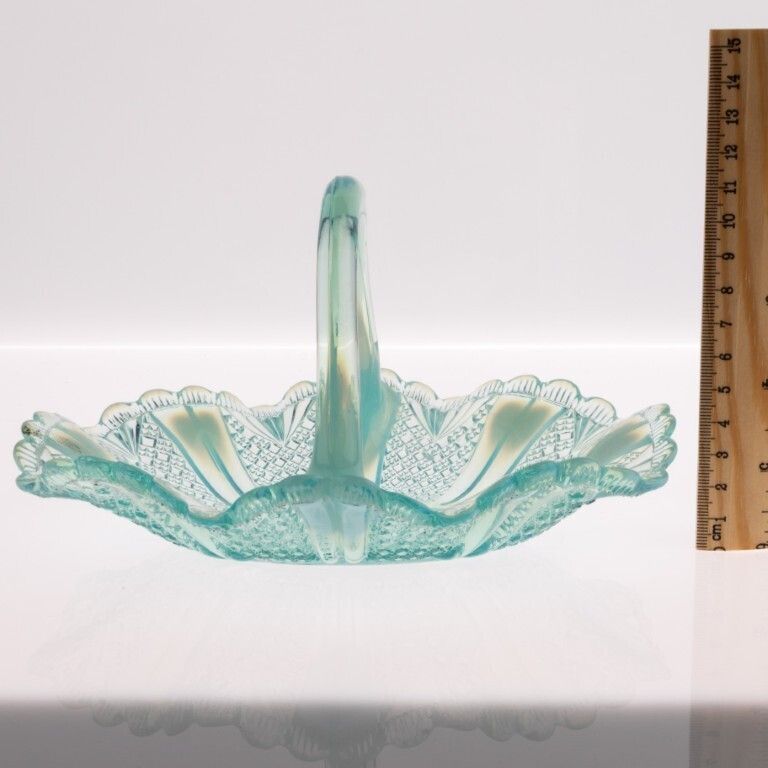 Antique Davidson Opalescent Victorian Richelieu  Blue Pearline Pressed Glass Basket photo Home Decor