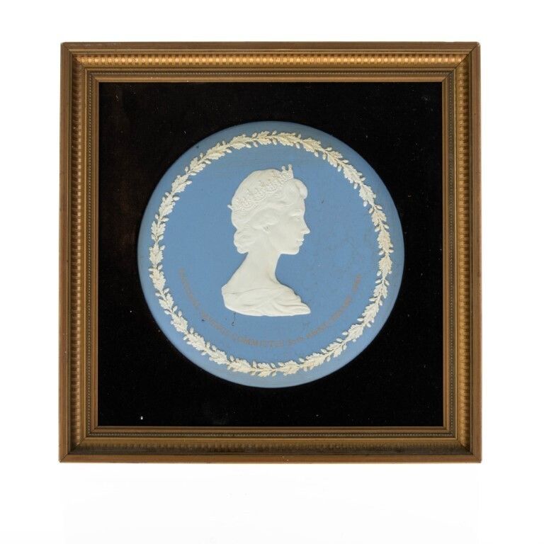 Wedgwood Blue Jasperware Porcelain Framed National Savings Committee 50th Anniversary Plate