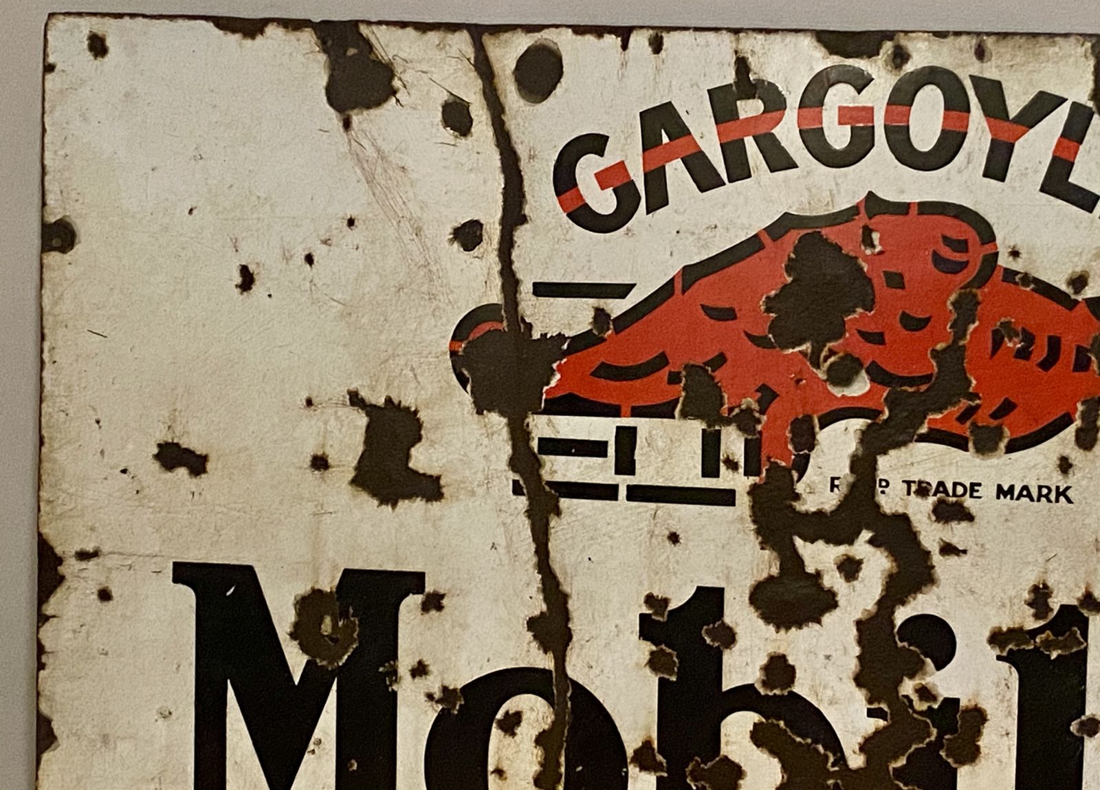 Old Gargoyle Mobil Oil Vacuum Oil Company Enamel Garage Sign Shell Bp National Benzole Gas Pump Dealer Dealership Billboard Metal Sign Extra Large photo vinterior