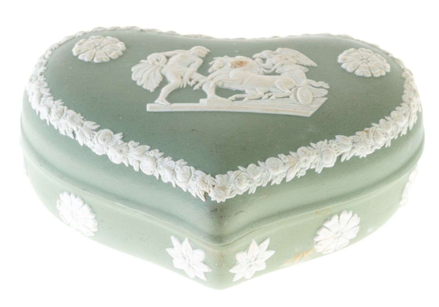 Mid Century Wedgwood Green Jasperware Porcelain Bas Relief Cameo Lidded Heart Trinket Box