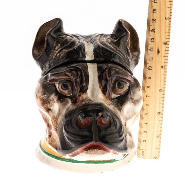 Antique Victorian Hand Painted Bulldog Tobacco Porcelain Ceramic Jar 19th Century photo for sale