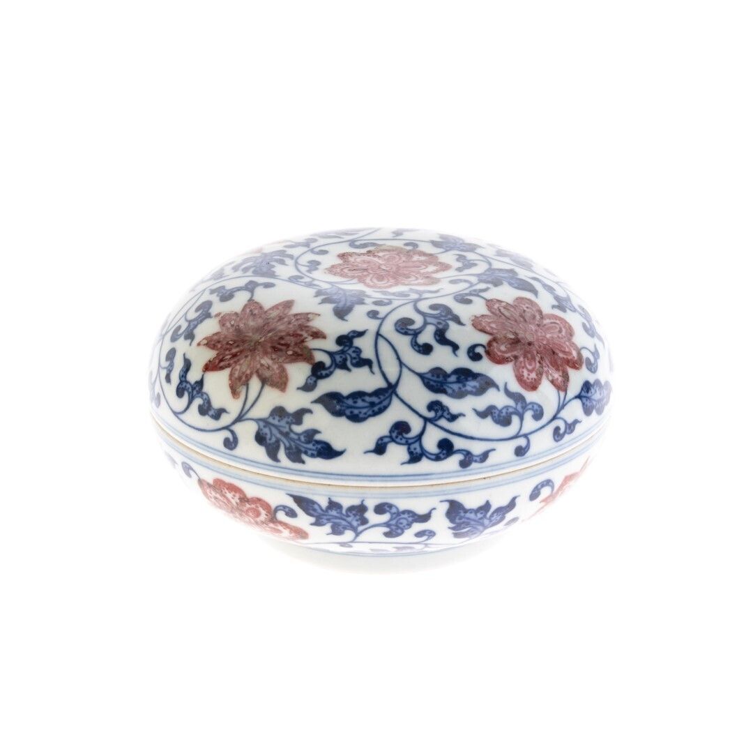 Chinese Underglaze Copper Red & Blue Porcelain Ceramic Lidded Box Hand Painted With Lotus Flowers photo furniture