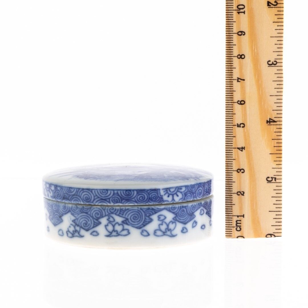 Blue And White Chinese Porcelain Ceramic Lidded Box Depicting Ducks In A Landscape photo for sale