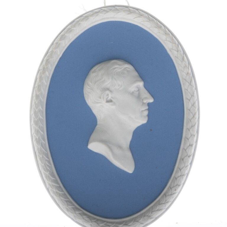 Wedgwood Blue Jasperware Ceramic Porcelain Torbern Bergman Portrait Medallion Laurel Leaf Plaque photo furniture