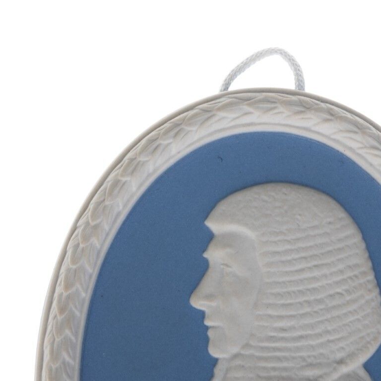 Wedgwood Blue Jasperware Ceramic Porcelain Lord Denning Portrait Medallion Laurel Leaf Plaque photo for sale