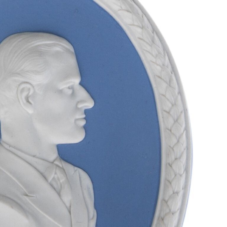 Wedgwood Blue Jasperware Ceramic Porcelain Duke Of Edinburgh Portrait Medallion Laurel Leaf Plaque photo for sale