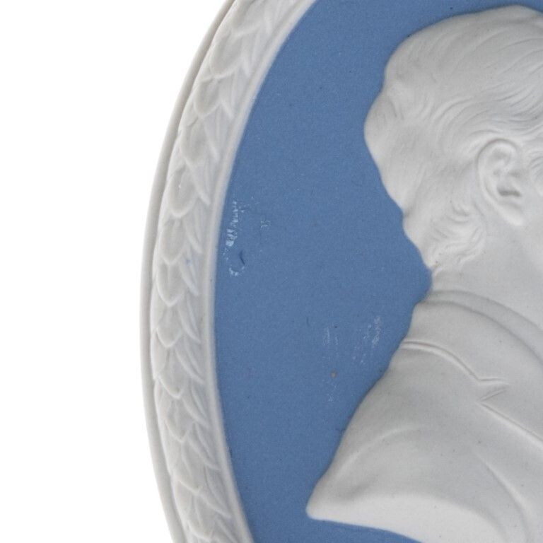 Wedgwood Blue Jasperware Ceramic Porcelain Prince Charles Portrait Medallion Laurel Leaf Plaque photo for sale