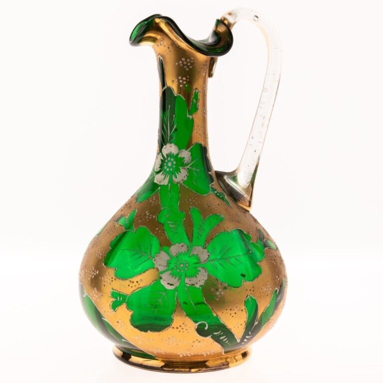 Antique Bohemian Moser Hand Enameled Green Satin Glass Pitcher Ca. 1880