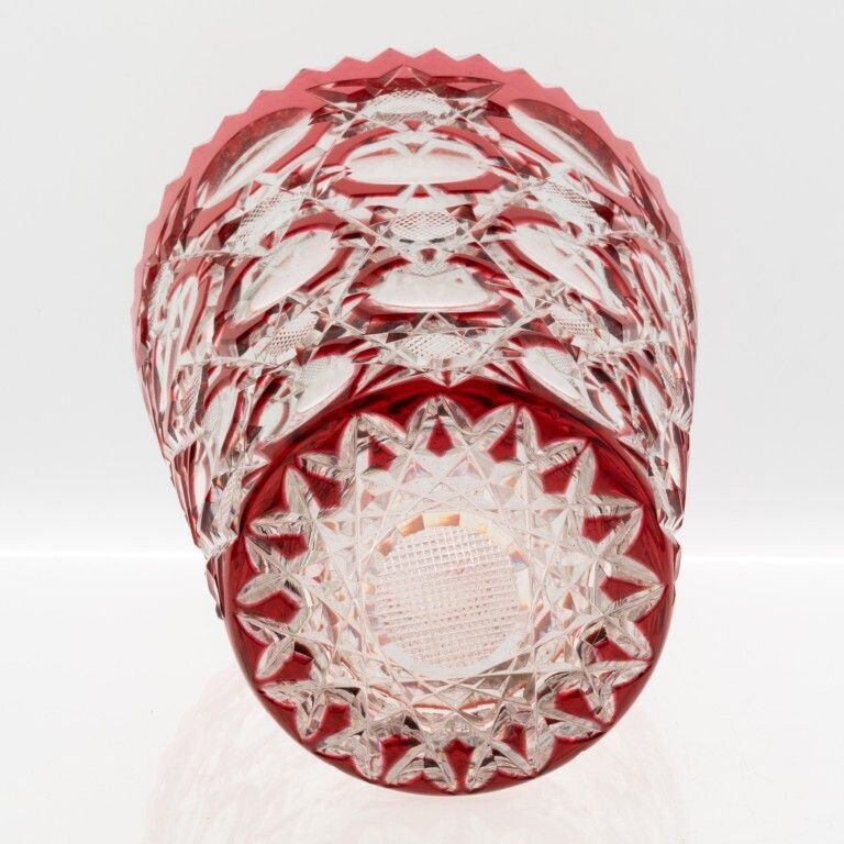 Mid Century Czech Bohemian Cranberry Red Cut Crystal Glass Vase photo for sale