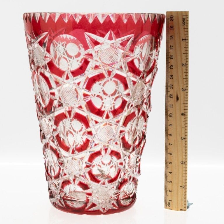 Mid Century Czech Bohemian Cranberry Red Cut Crystal Glass Vase photo Home Decor