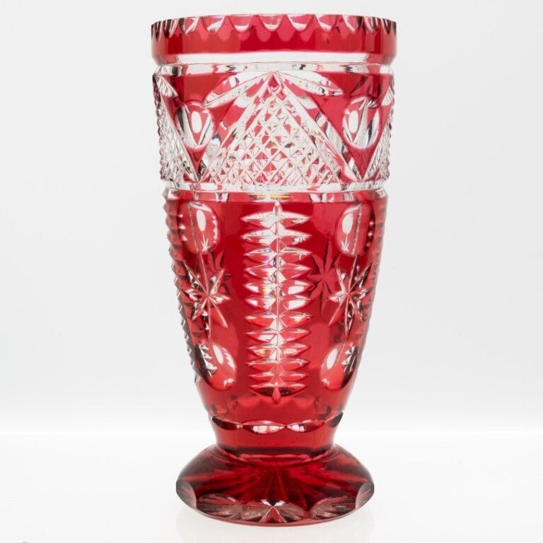 Mid Century Czech Bohemian Cranberry Red Cut Crystal Glass Vase