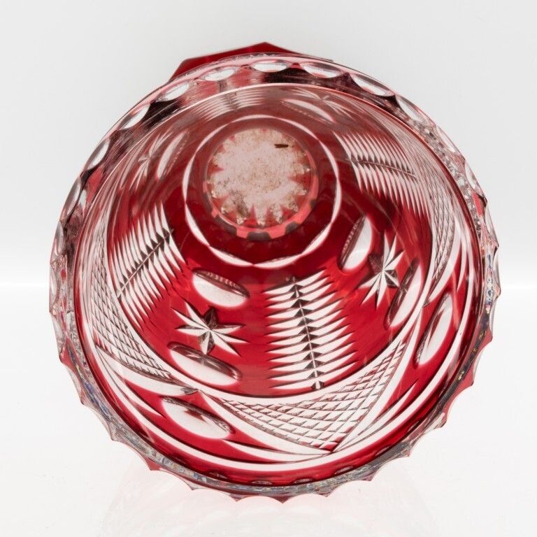 Mid Century Czech Bohemian Cranberry Red Cut Crystal Glass Vase photo for sale