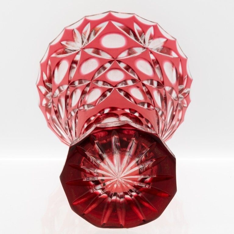 Mid Century Czech Bohemian Cranberry Red Cut Crystal Glass Vase photo for sale
