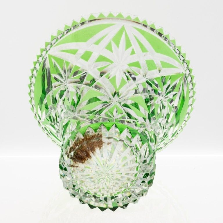 Mid Century Czech Bohemian Emerald Green Cut Crystal Glass Vase photo furniture