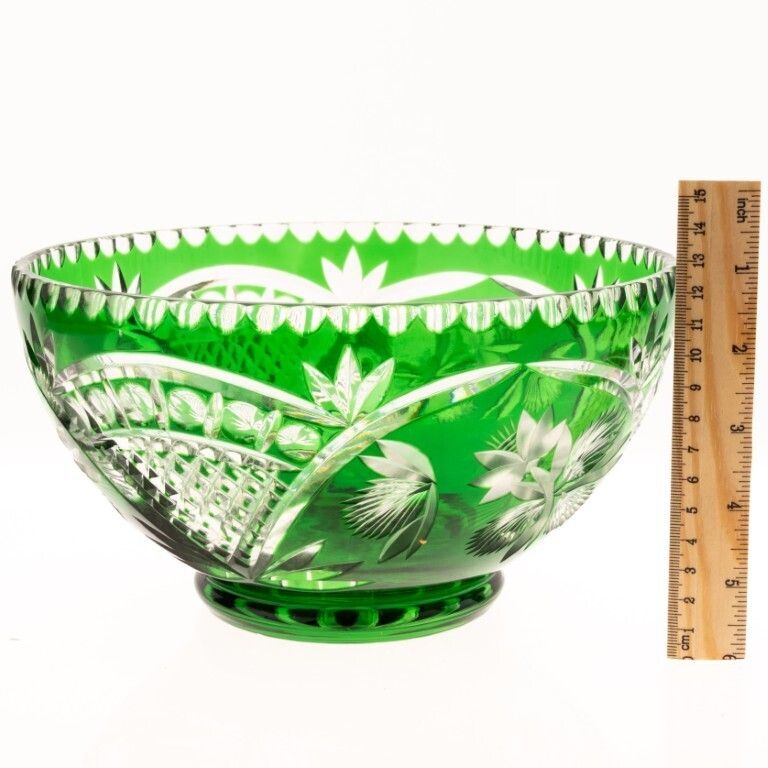 Mid Century Czech Bohemian Emerald Green Cut Crystal Glass Bowl photo for sale