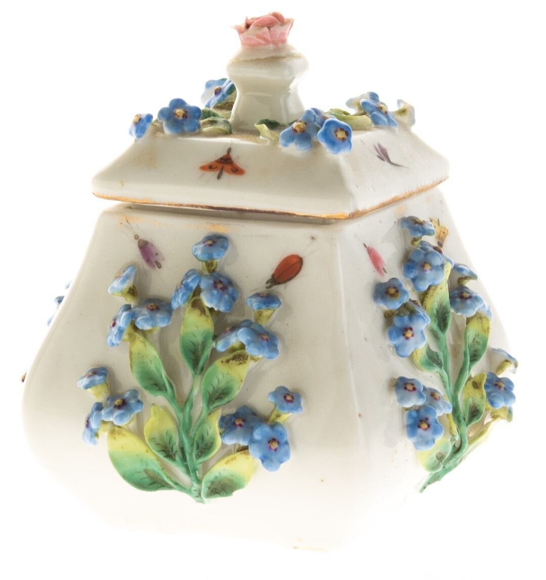 Antique Sitzendorf German Antique Hand Painted Porcelain Floral Insects Sugar Jar 19th Century