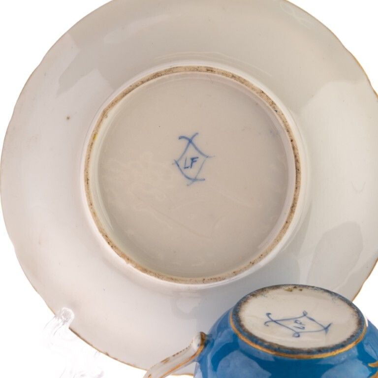Late 18th Century French Hand Painted Sevres Bleu Celeste Porcelain Exotic Birds Teacups & Saucers photo buy