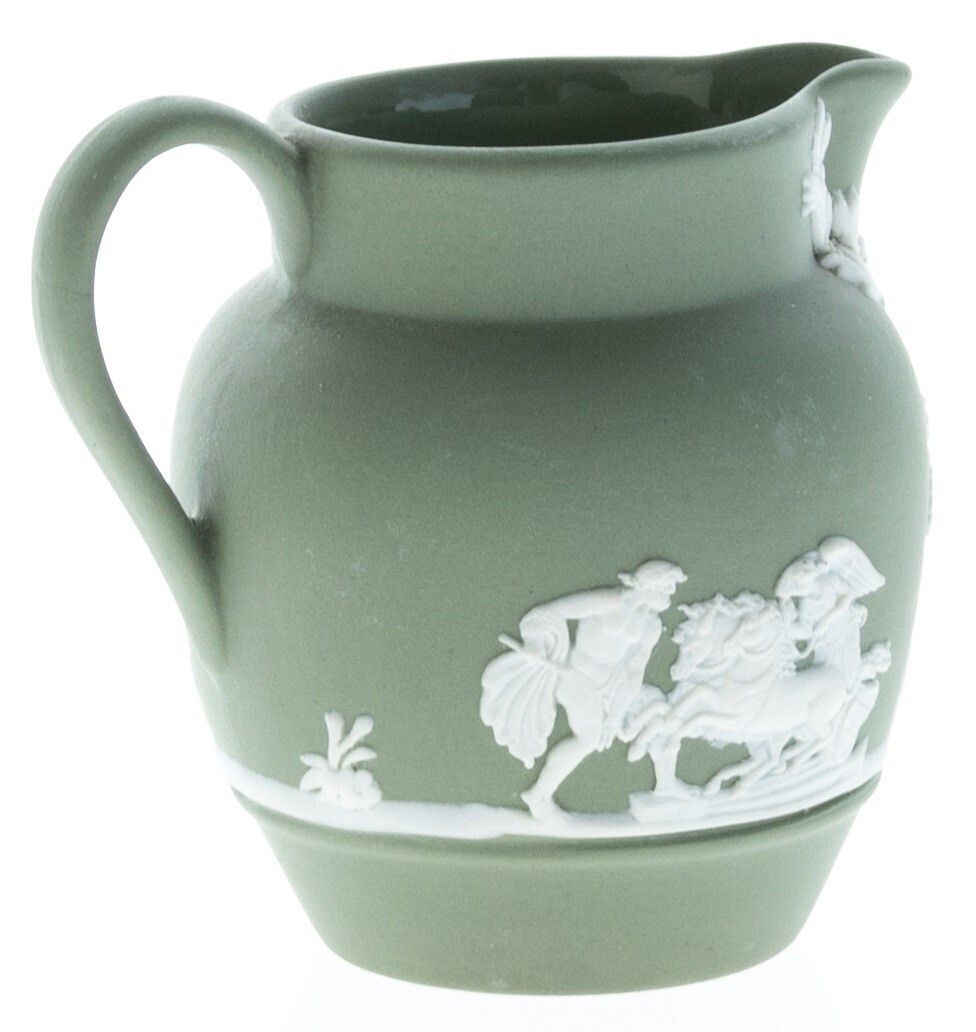 Wedgwood Green Jasperware Ceramic Neoclassical Bas Relief Cream Jug Depicting Hercules And Chariot
