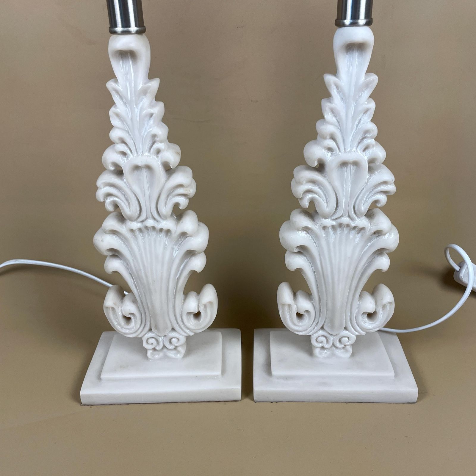 Pair Of Faux Marble Lamps Bedside Table Side Lights Ornate Style Modern Cream Repro photo Lighting