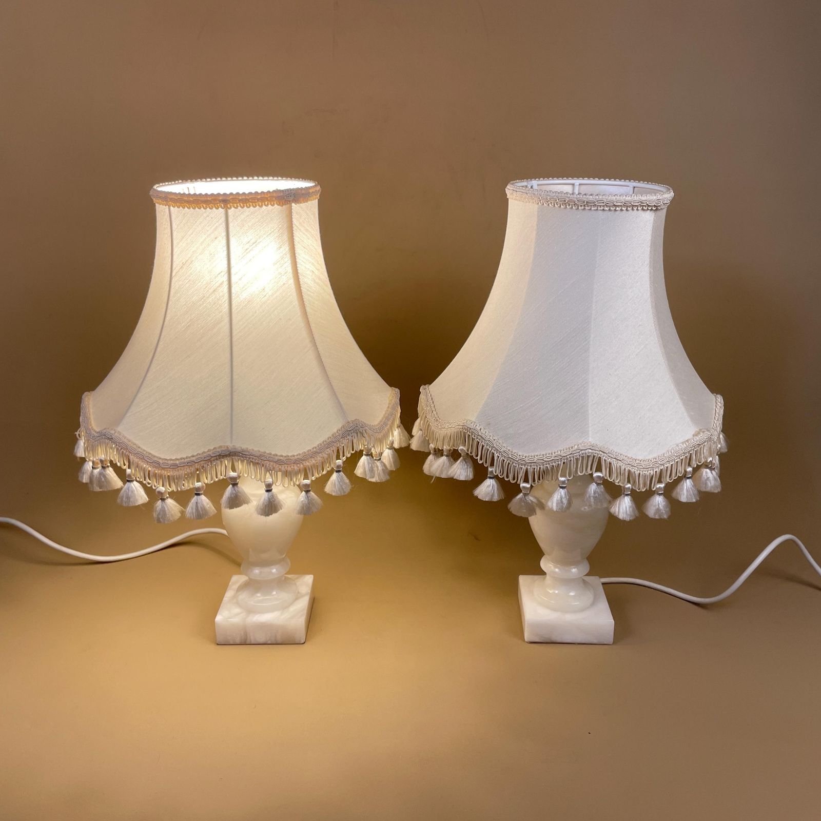 Pair Of White Onyx Marble Lamps Bedside Table Side Lights Beige Cream Tasselled Flower Bell Shades photo buy