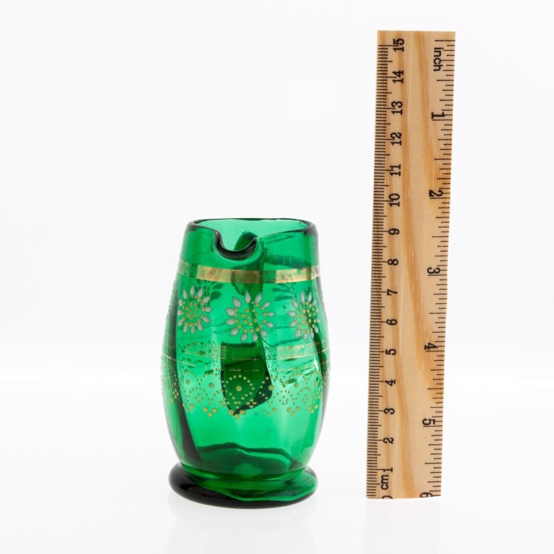 Antique Victorian Bohemian Gilt And Hand Enameled Emerald Green Glass Creamer Jug 19th Century photo for sale