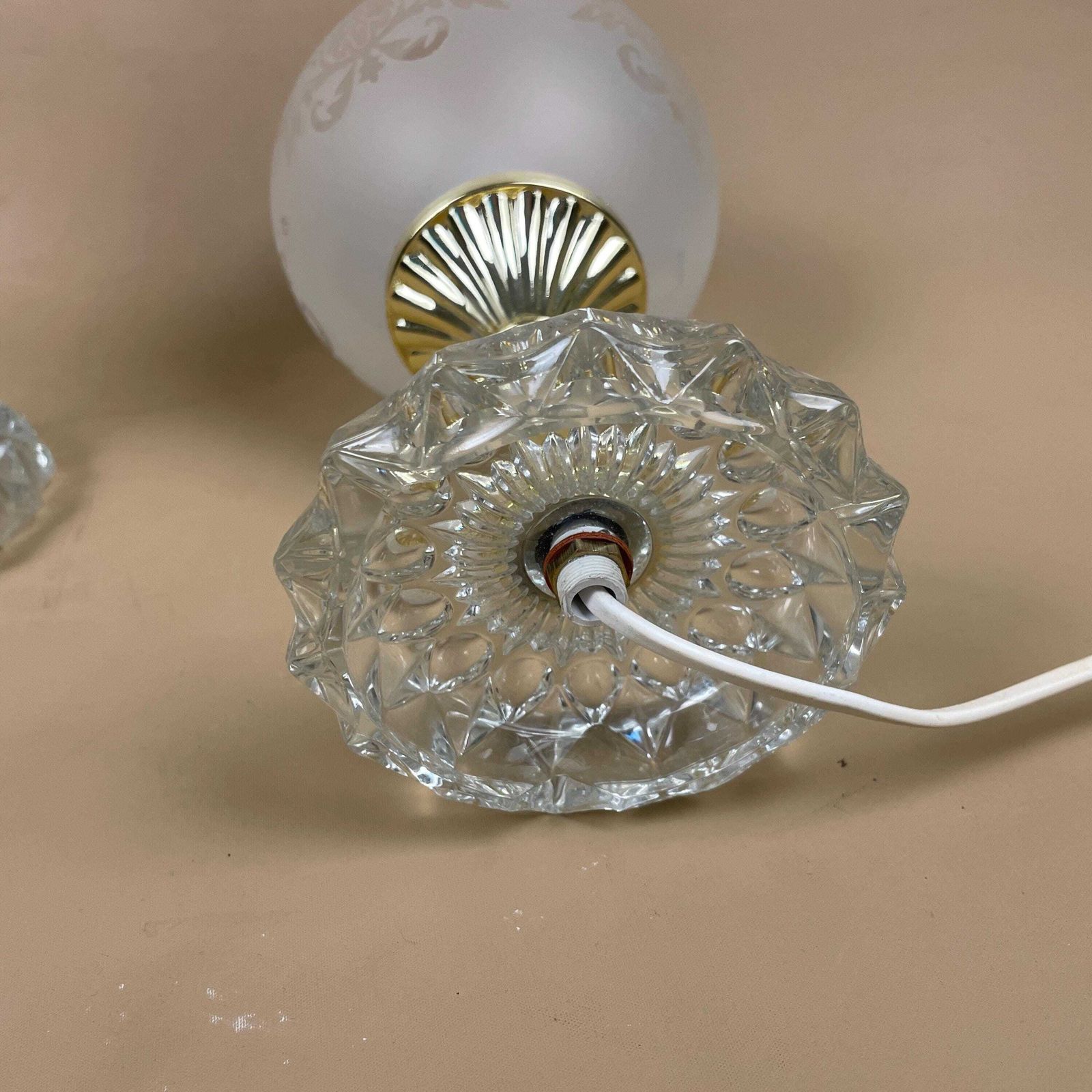 Pair Of Vintage Art Deco Globe Lamp Bedside Table Lights Ornate Glass Floral Shade Cut Glass Base Plastic Gold Pillar photo buy