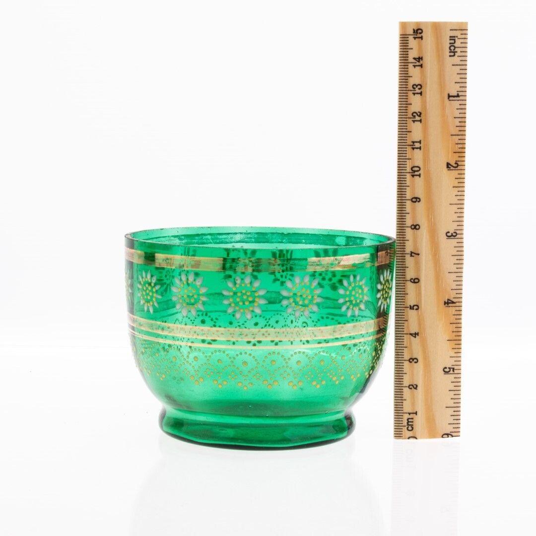 Antique Victorian Bohemian Gilt And Hand Enameled Emerald Green Glass Bowl 19th Century photo for sale
