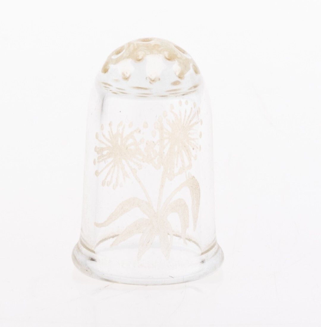Antique Art Nouveau Glass Thimble Engraved With Flowers & The Name Alice