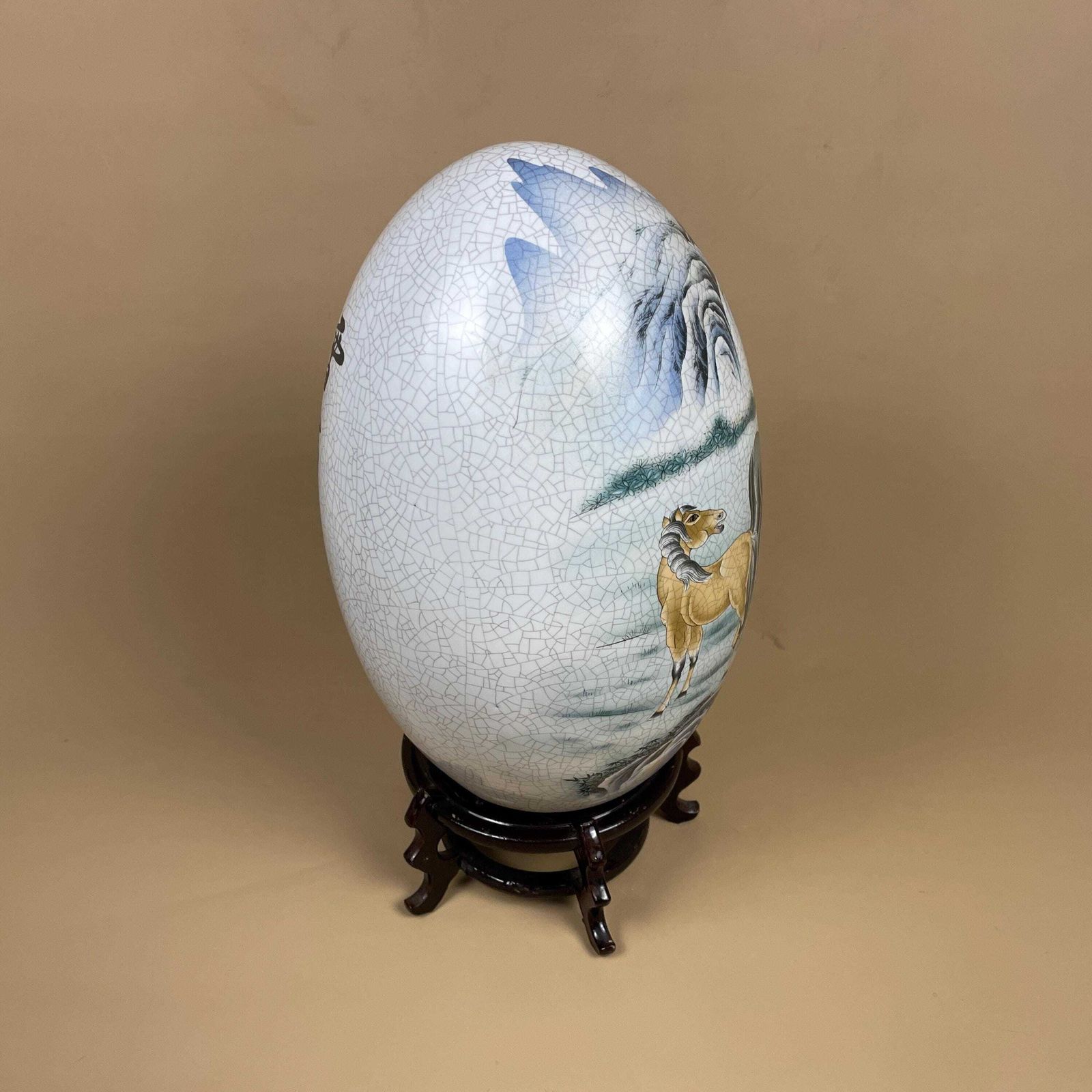 Oriental Chinese Egg Ornament Hand Decorated Horse Scene Brown Wooden Wood Stand Small Freestanding Round Equestrian photo Home Decor