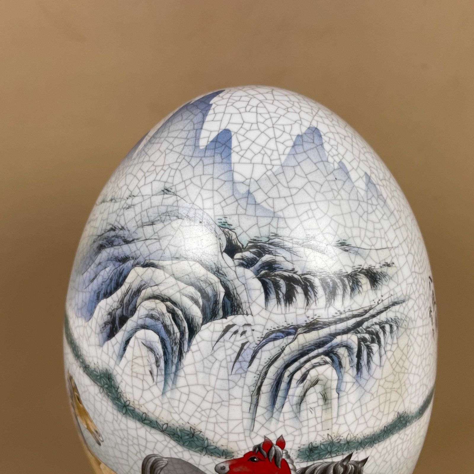 Oriental Chinese Egg Ornament Hand Decorated Horse Scene Brown Wooden Wood Stand Small Freestanding Round Equestrian photo vinterior