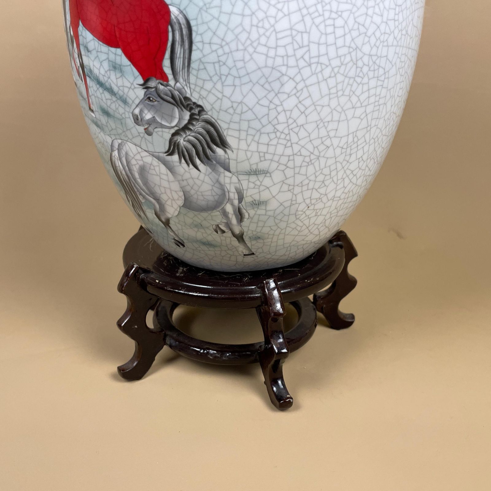 Oriental Chinese Egg Ornament Hand Decorated Horse Scene Brown Wooden Wood Stand Small Freestanding Round Equestrian photo vintage