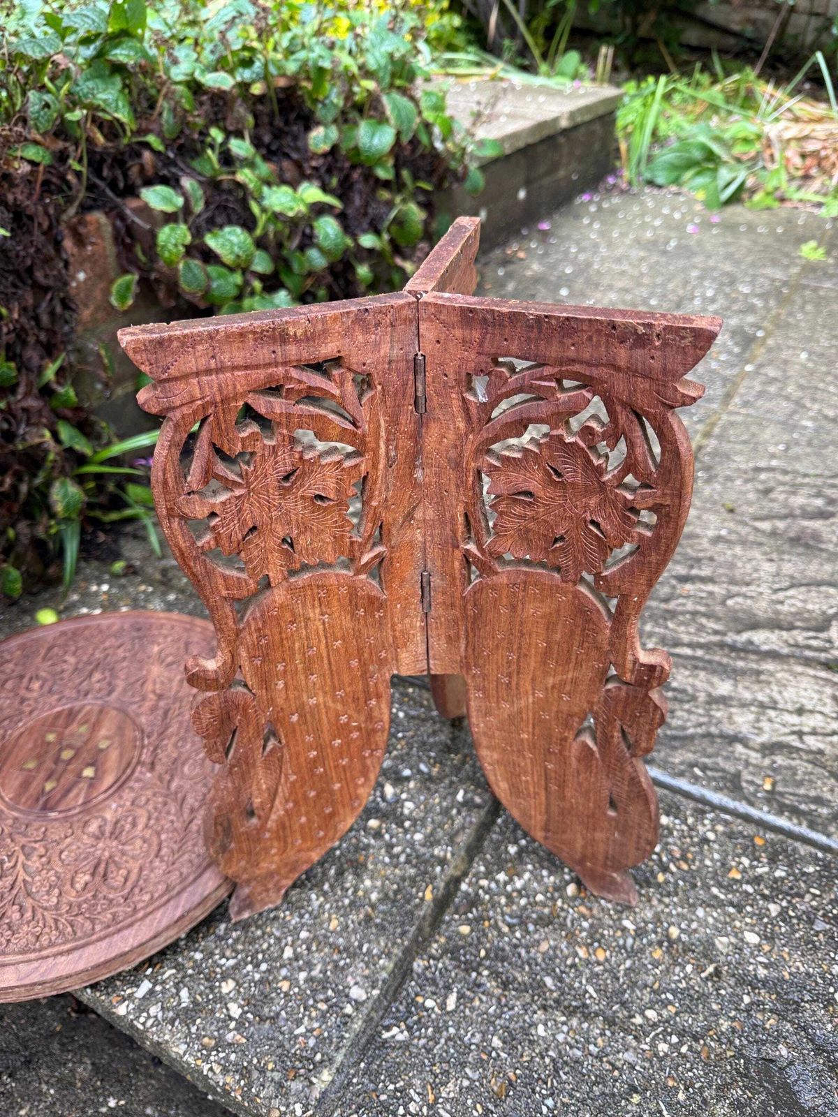 Vintage Carved Wood Indian Table, Fabulous Table Top Carved Detail. Folding Vintage Table. Vintage Plant Stand. Small Vintage Wooden Table. photo buy