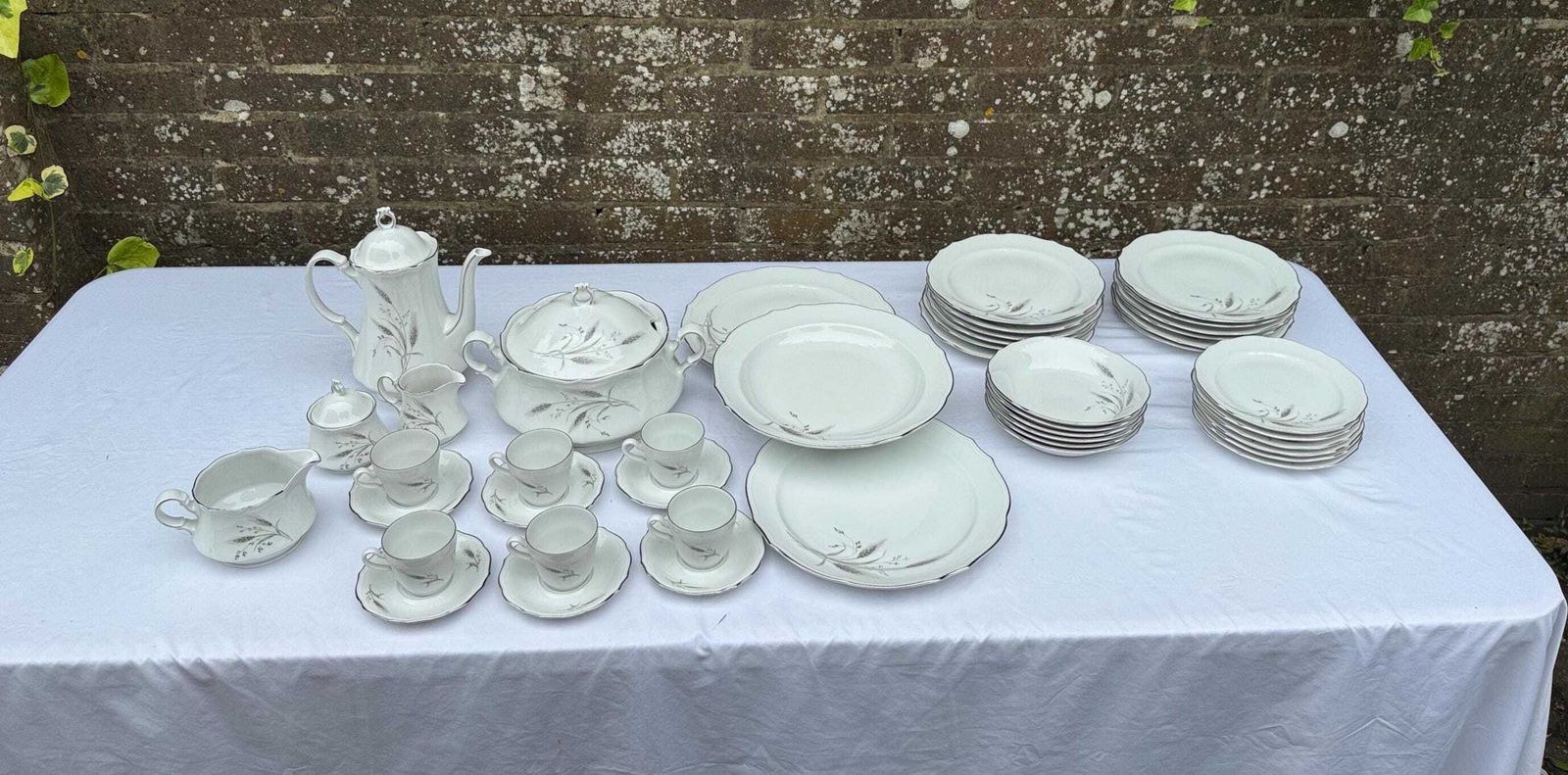 Vintage Winterling Bavarian Porcelain Dinner Service, Silver & Grey Botanical, West German China Service   47 Pieces, 6 Place + Setting Plus