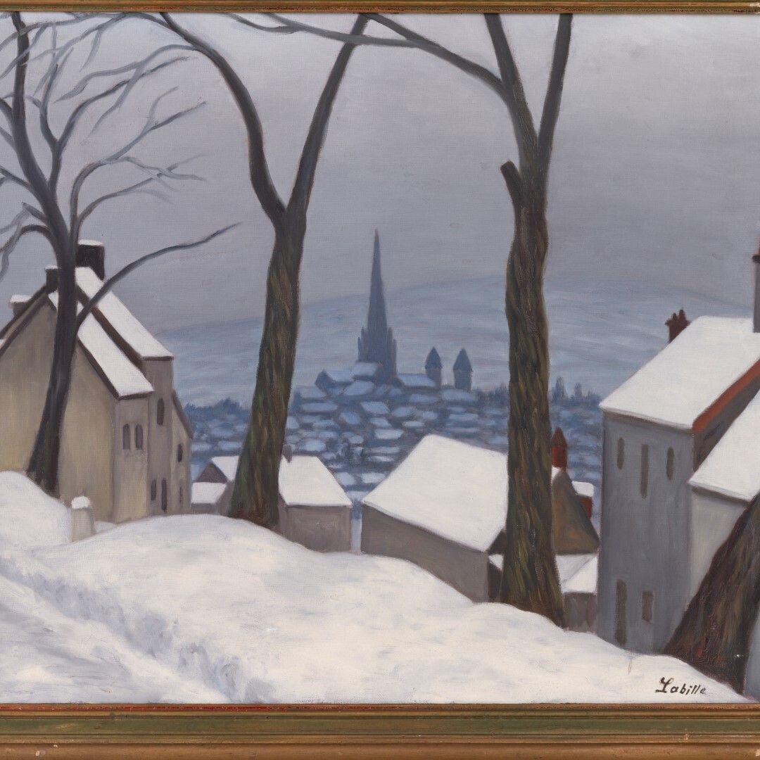 Mid Century Belgian Winterscape Village Oil Painting On Canvas Signed photo furniture